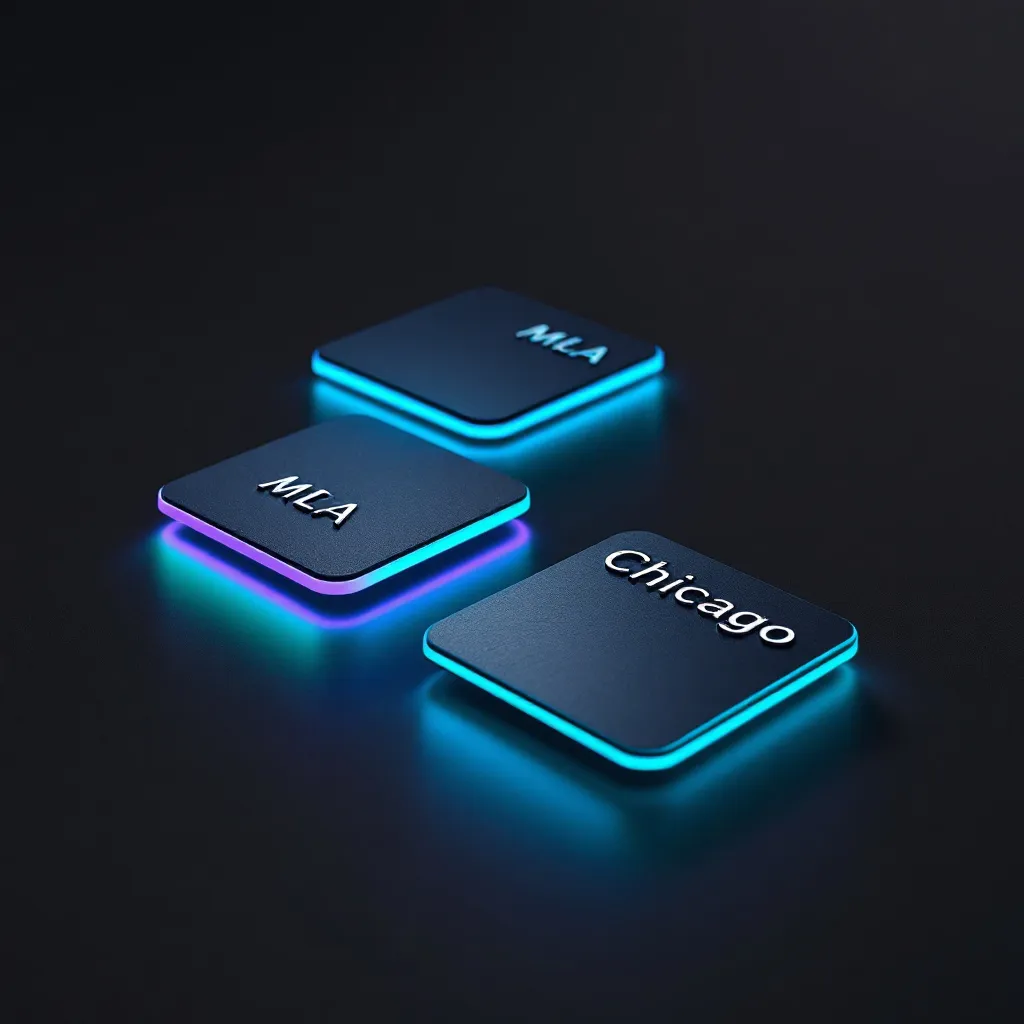 Three dark square buttons with glowing neon edges in cyan and purple, labeled 