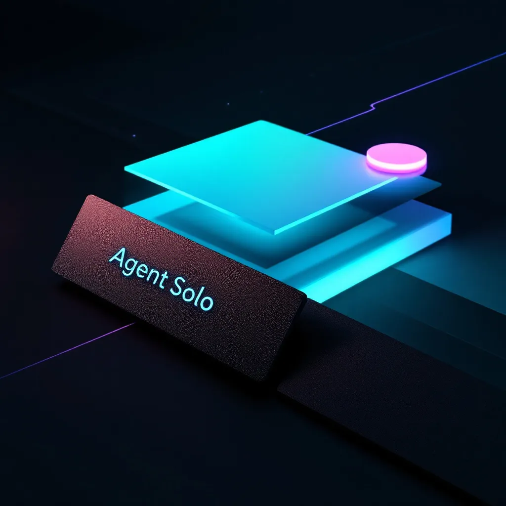 A 3D illustration showing stacked cyan and blue geometric layers with a pink circular button, a dark textured block labeled 