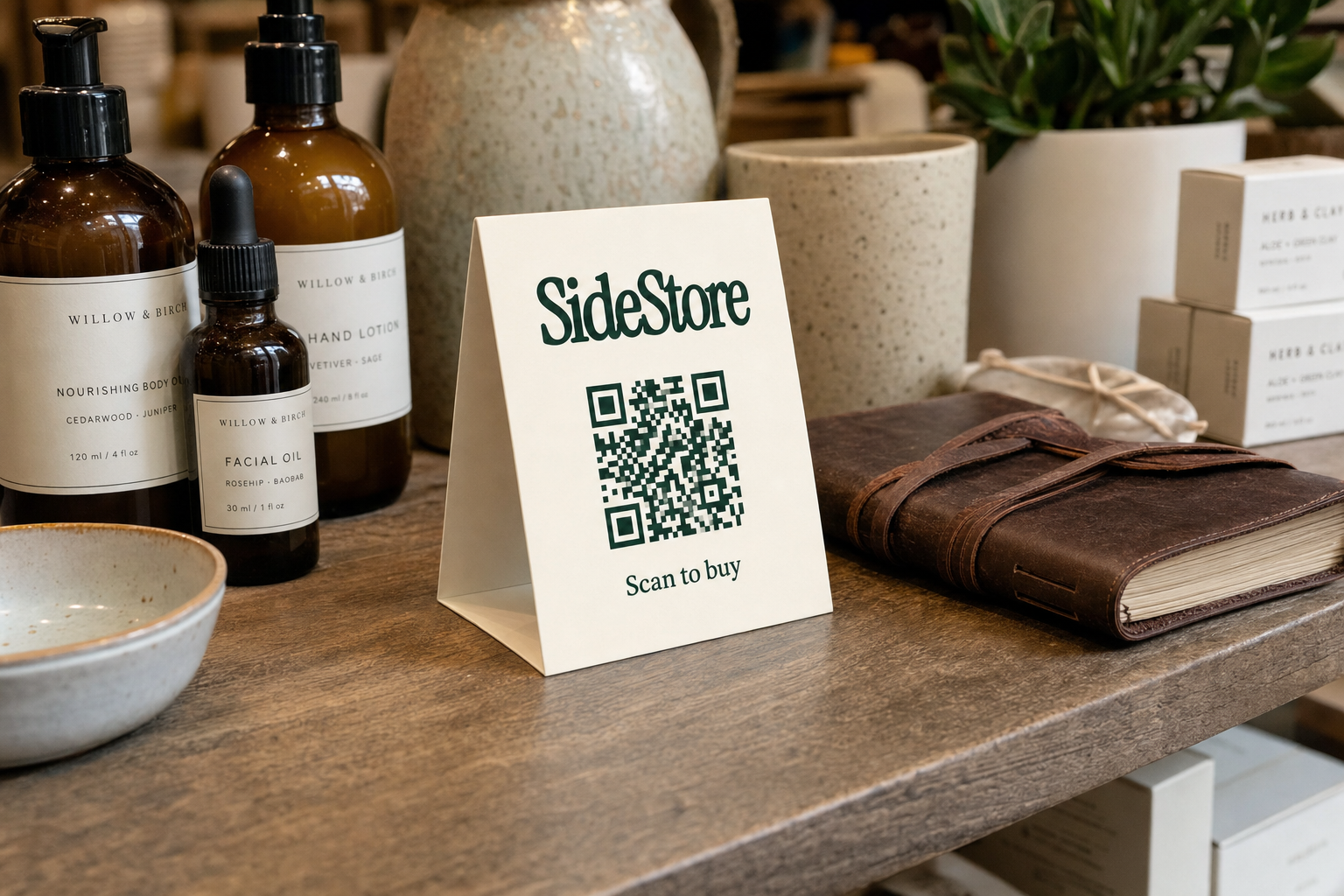 SideStore tent card displayed on a boutique counter next to luxury retail products