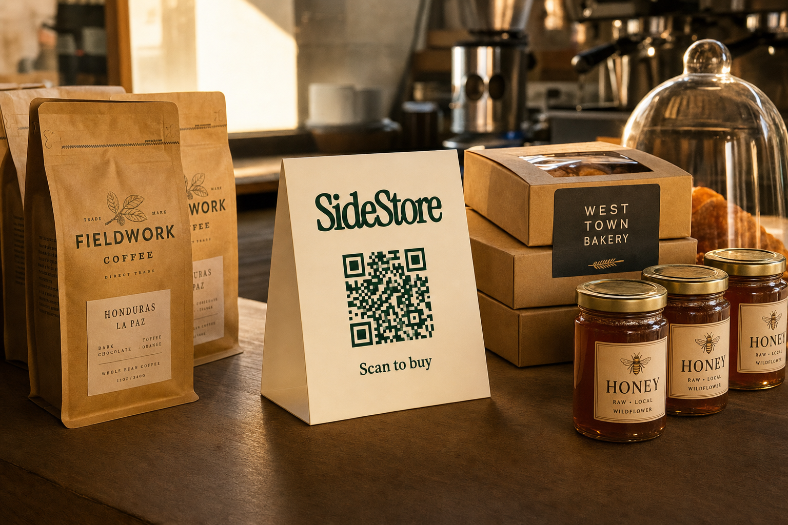 SideStore tent card positioned on cafe counter with local artisan products