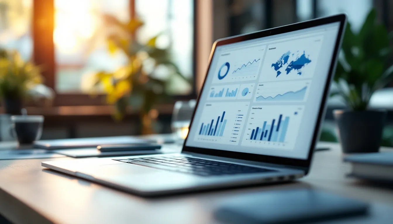 A laptop on a desk displays a dashboard with multiple blue charts, graphs, and a world map showing data analytics and metrics