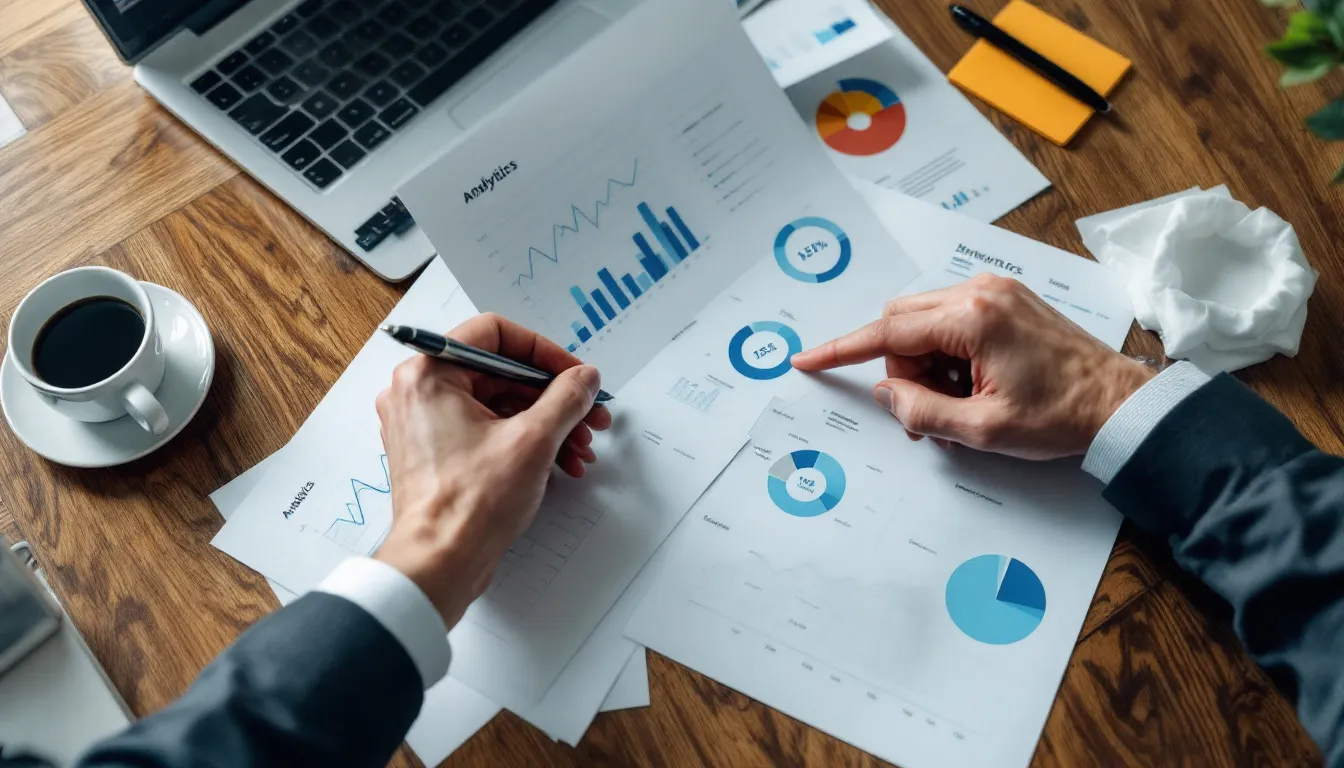 A person in business attire points to analytics charts and graphs on printed documents spread across a wooden desk, with a laptop and coffee