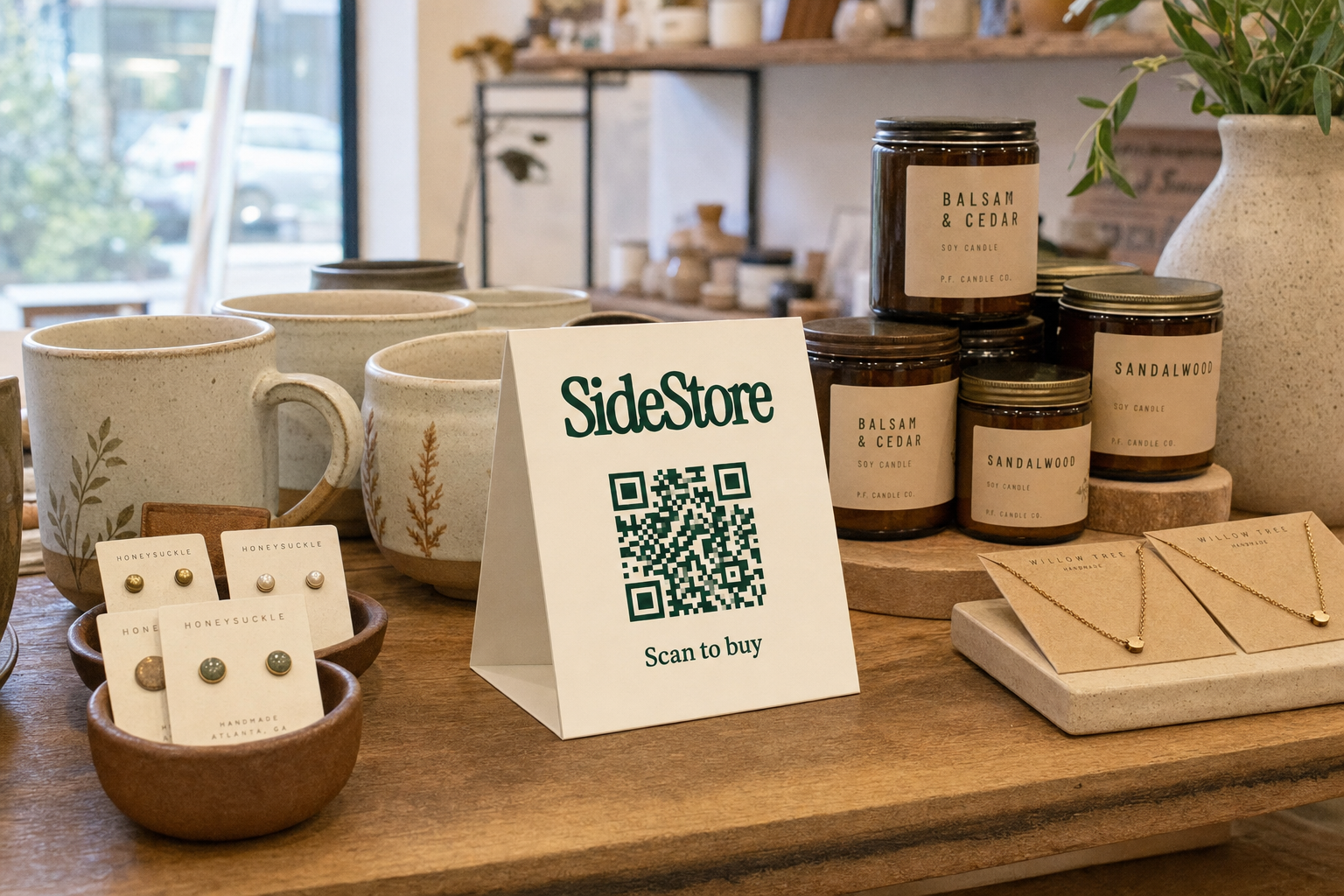 Boutique counter display with artisan products and an ivory SideStore tent card standing upright displaying a navy green QR code