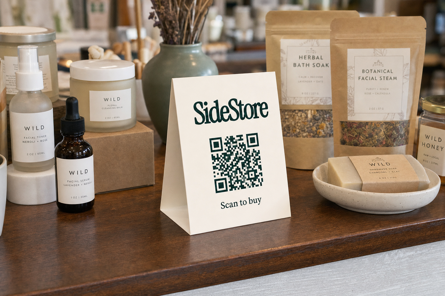 Business workspace with wholesale product samples and a SideStore tent card displaying QR code for merchant partnerships