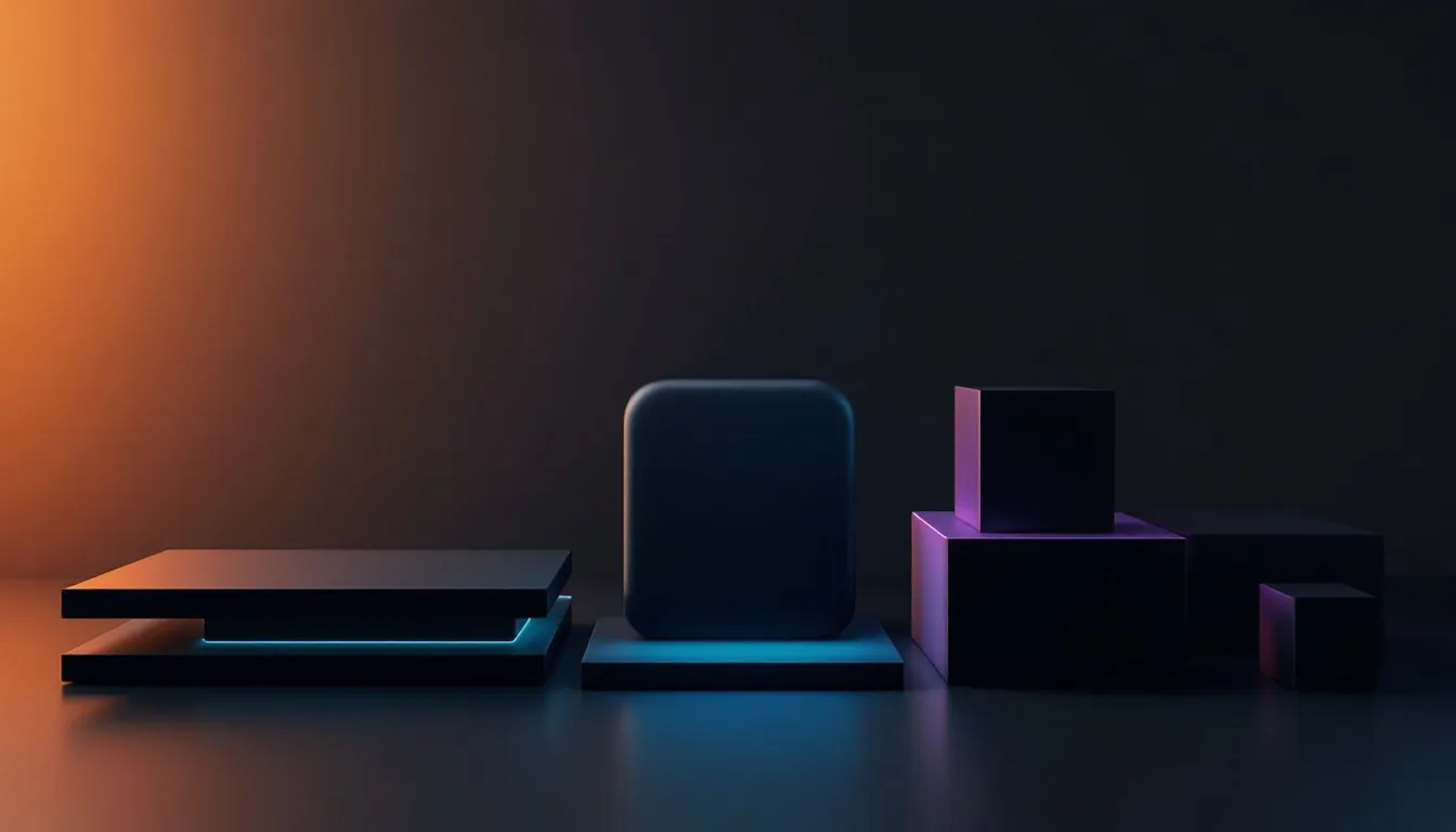 Abstract 3D podium display with geometric shapes in blue and purple neon lighting against an orange-to-black gradient background
