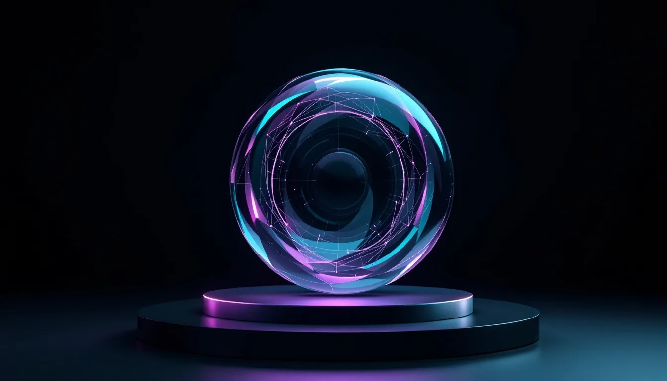 A glowing spherical orb with neon cyan and magenta wireframe patterns sits on a dark circular platform against a black background