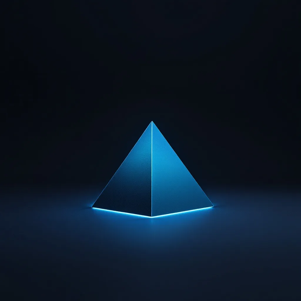 A glowing blue pyramid with illuminated edges against a dark background