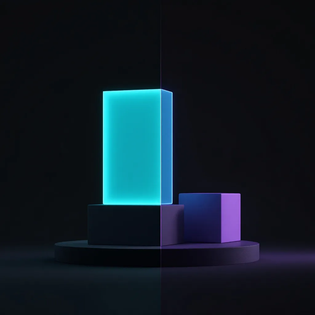 Three glowing neon geometric shapes arranged on a dark platform: a tall cyan rectangular prism in the center, a dark cube on the left, and a gold sphere on the right