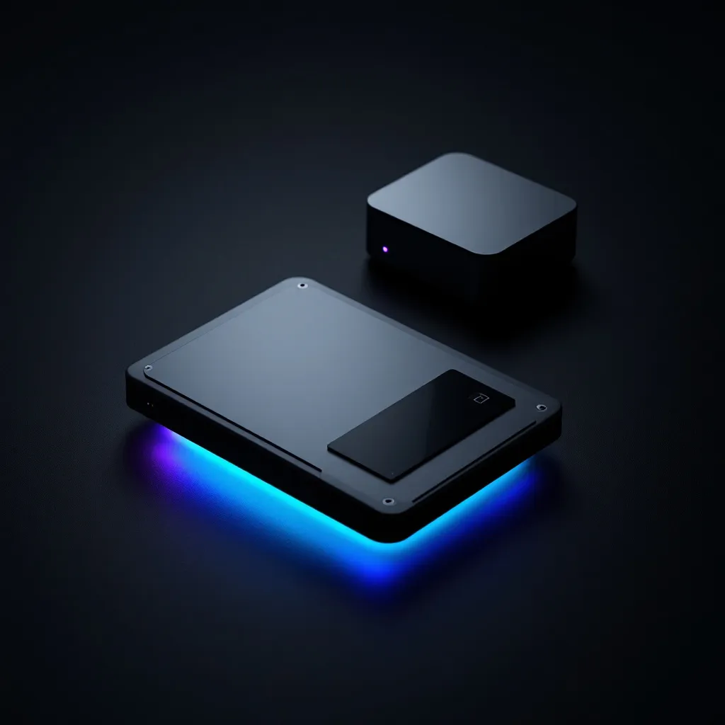 A rectangular device with a gray top surface and black sides glowing with blue light underneath, positioned next to a smaller cube-shaped de