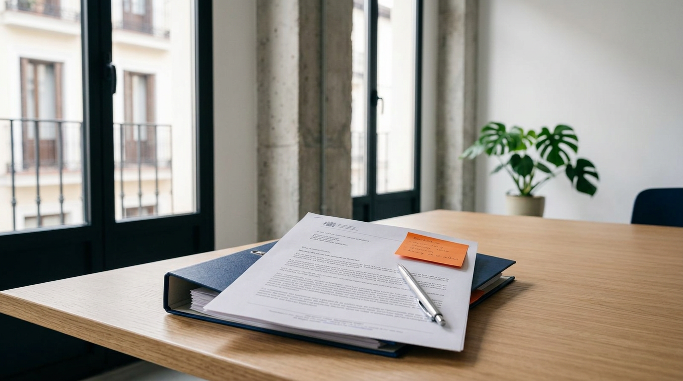 A wooden desk with an open notebook containing printed documents, an orange sticky note, a pen, and a blue folder, with a potted plant and b