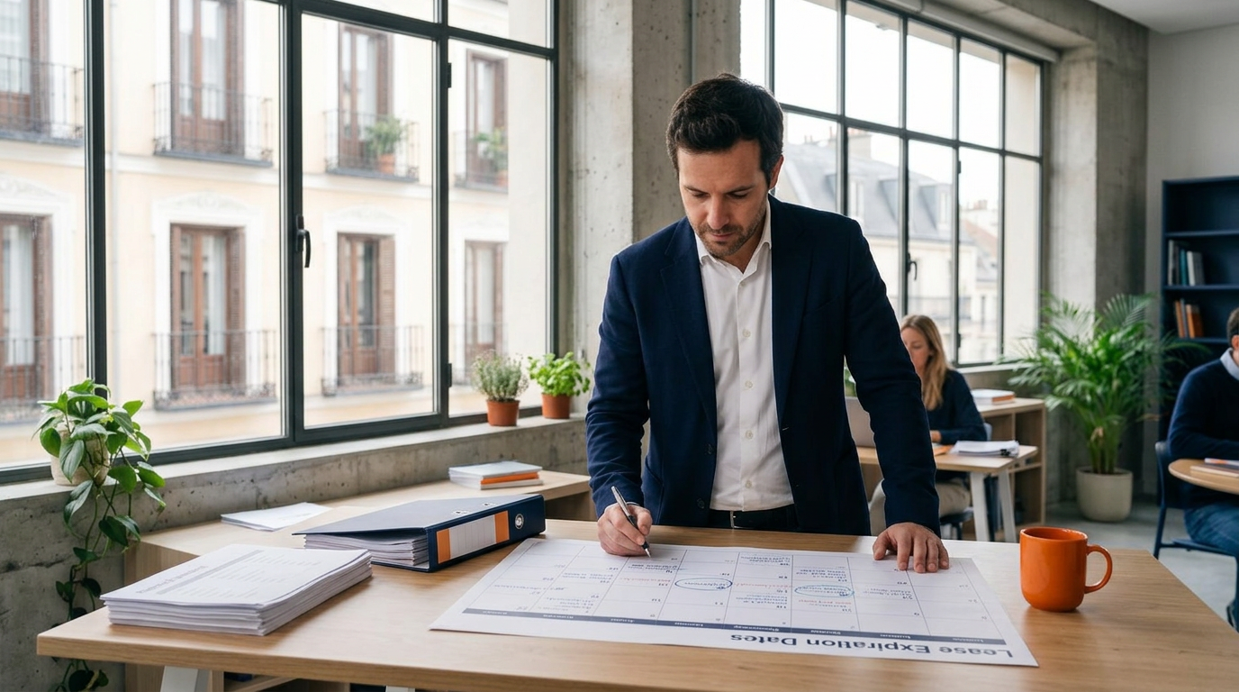 A man in a navy blazer and white shirt writes on architectural blueprints at a wooden desk in a modern office with large windows overlooking