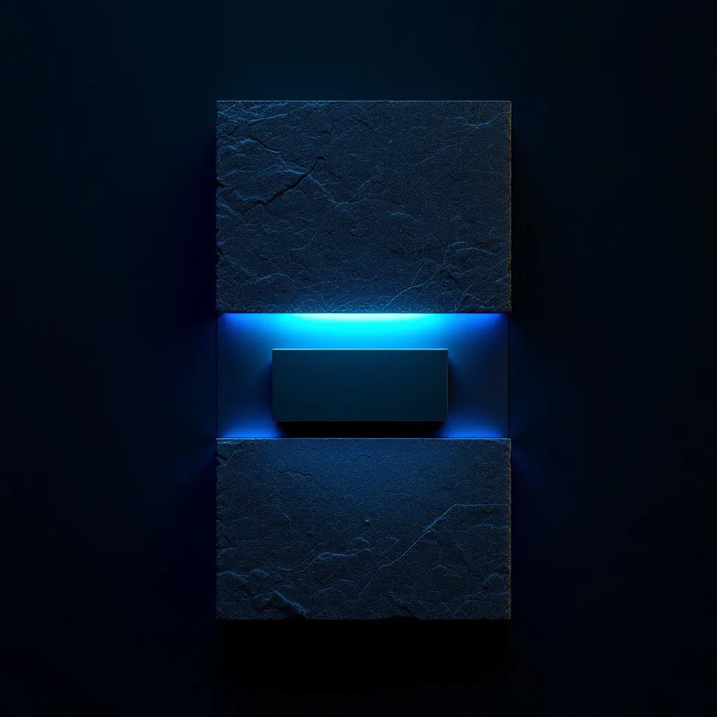 A dark textured stone wall with a centered rectangular dark box illuminated by bright blue LED lighting from above and below