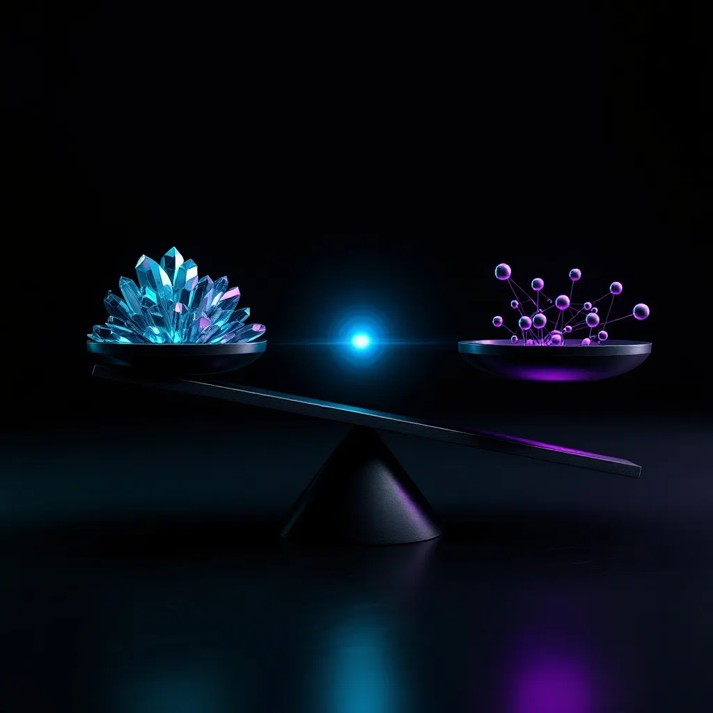 A balanced scale with glowing cyan crystals on the left side and purple spheres on the right side, centered by a bright blue light against a