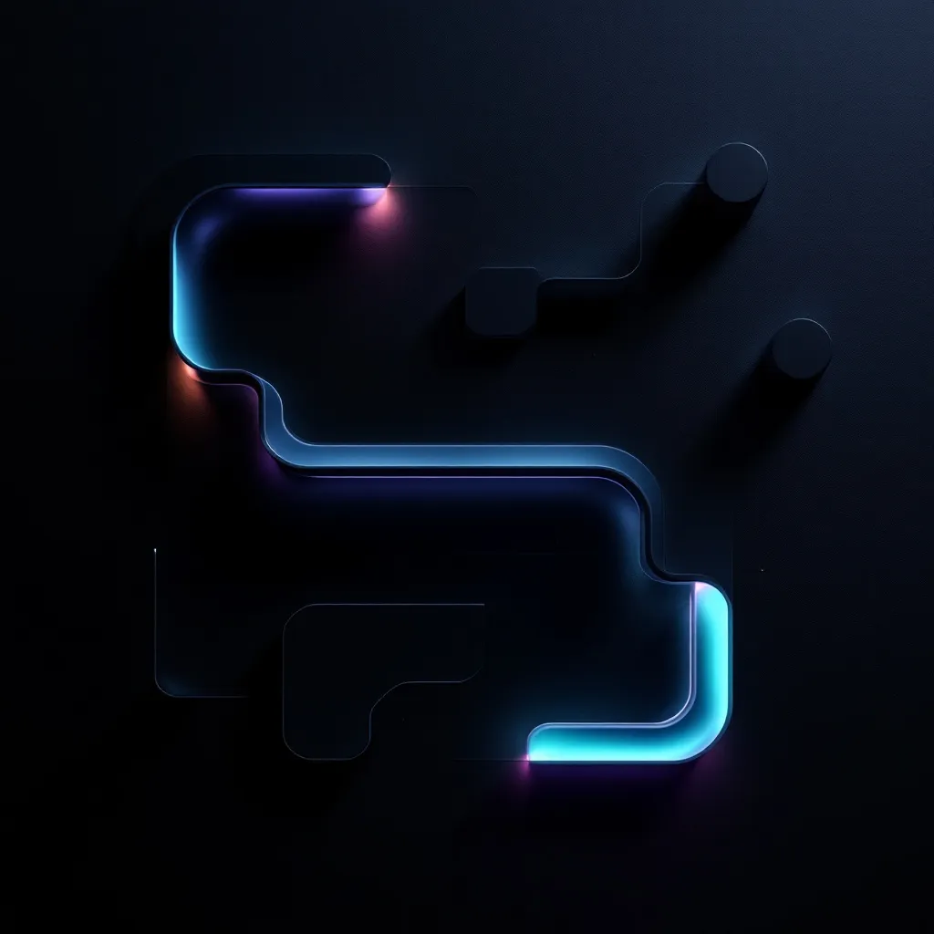 Glowing neon circuit board pattern in blue and pink on a dark background with two cylindrical knobs on the right side