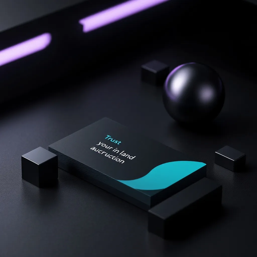 A dark 3D rendered scene with a black curved card displaying text and a turquoise wave design, surrounded by geometric shapes and purple neo