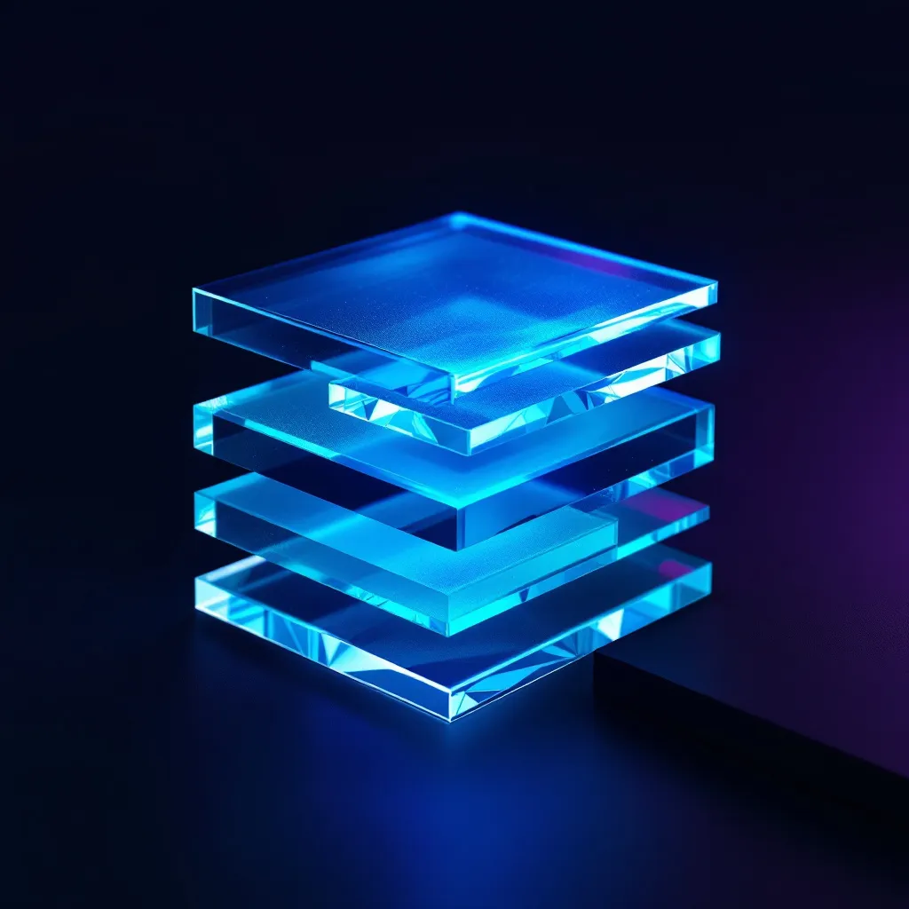 Stacked translucent glass or acrylic layers glowing with blue and cyan light against a dark background