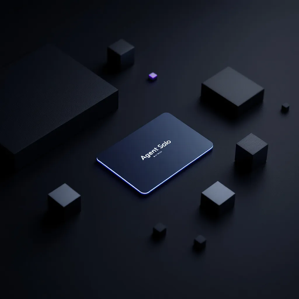 A dark 3D rendered scene with a central glowing tablet displaying Agent Solo surrounded by various sized dark cubes and a small purple glow