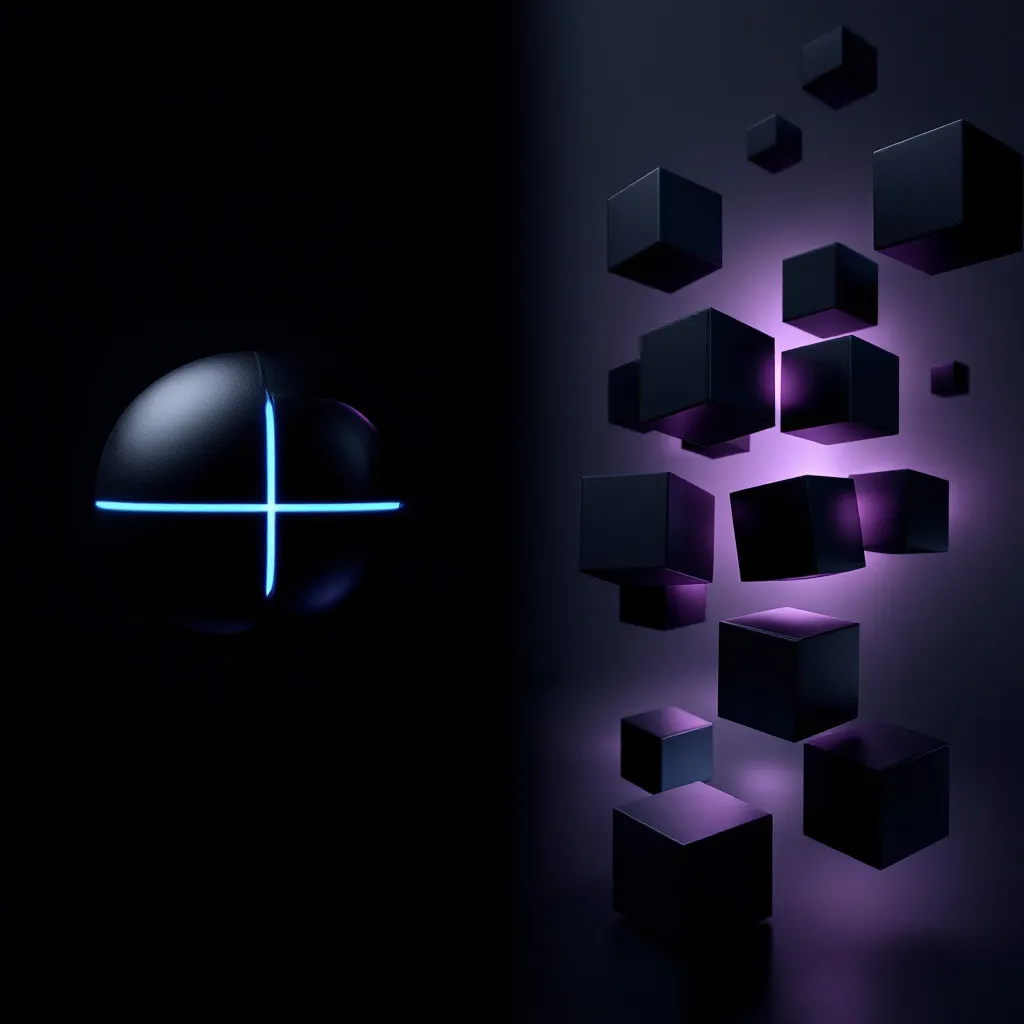 A glowing cyan cross symbol on the left side faces a cluster of black 3D cubes illuminated by purple light on the right side against a dark background