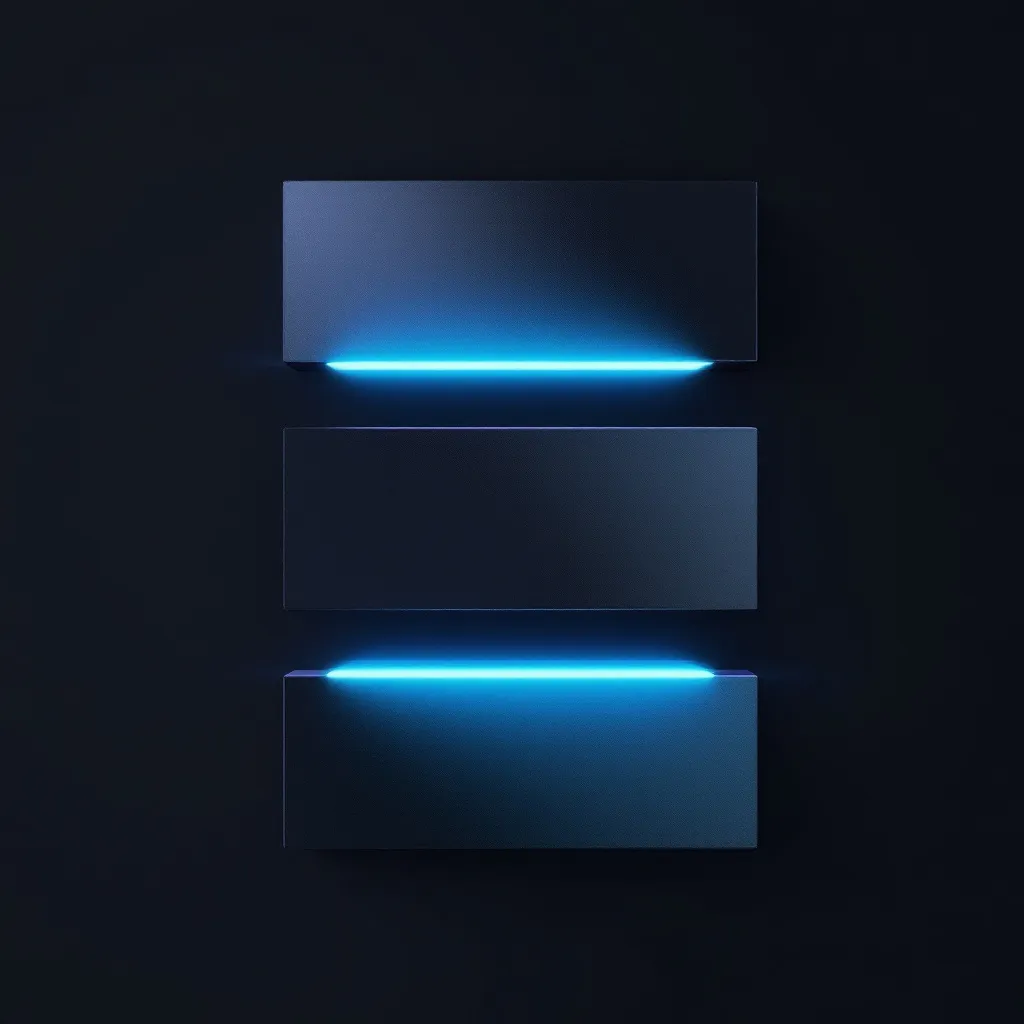 Three dark rectangular panels stacked vertically with bright blue glowing lines separating them against a black background