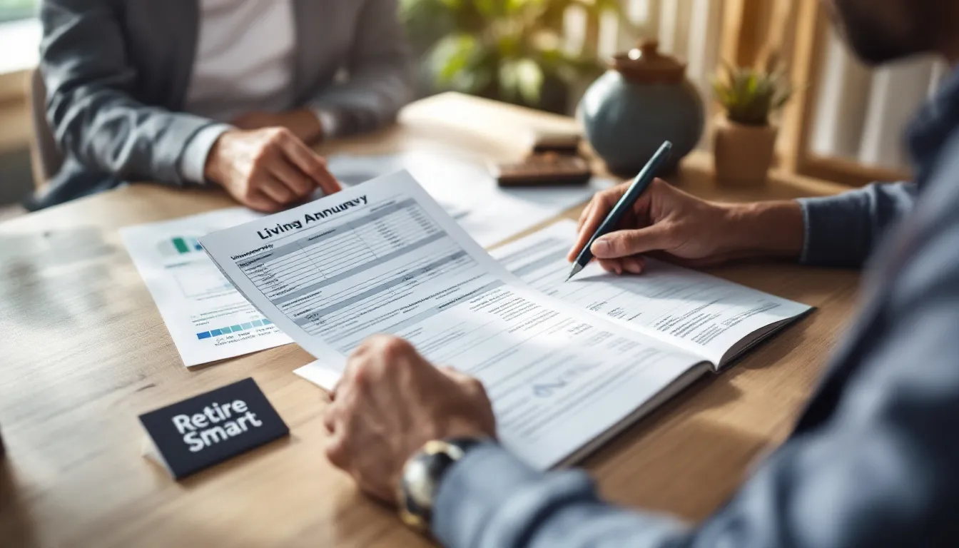 A couple sitting at a desk reviewing financial documents labeled "Living Annuity" with papers and pen visible