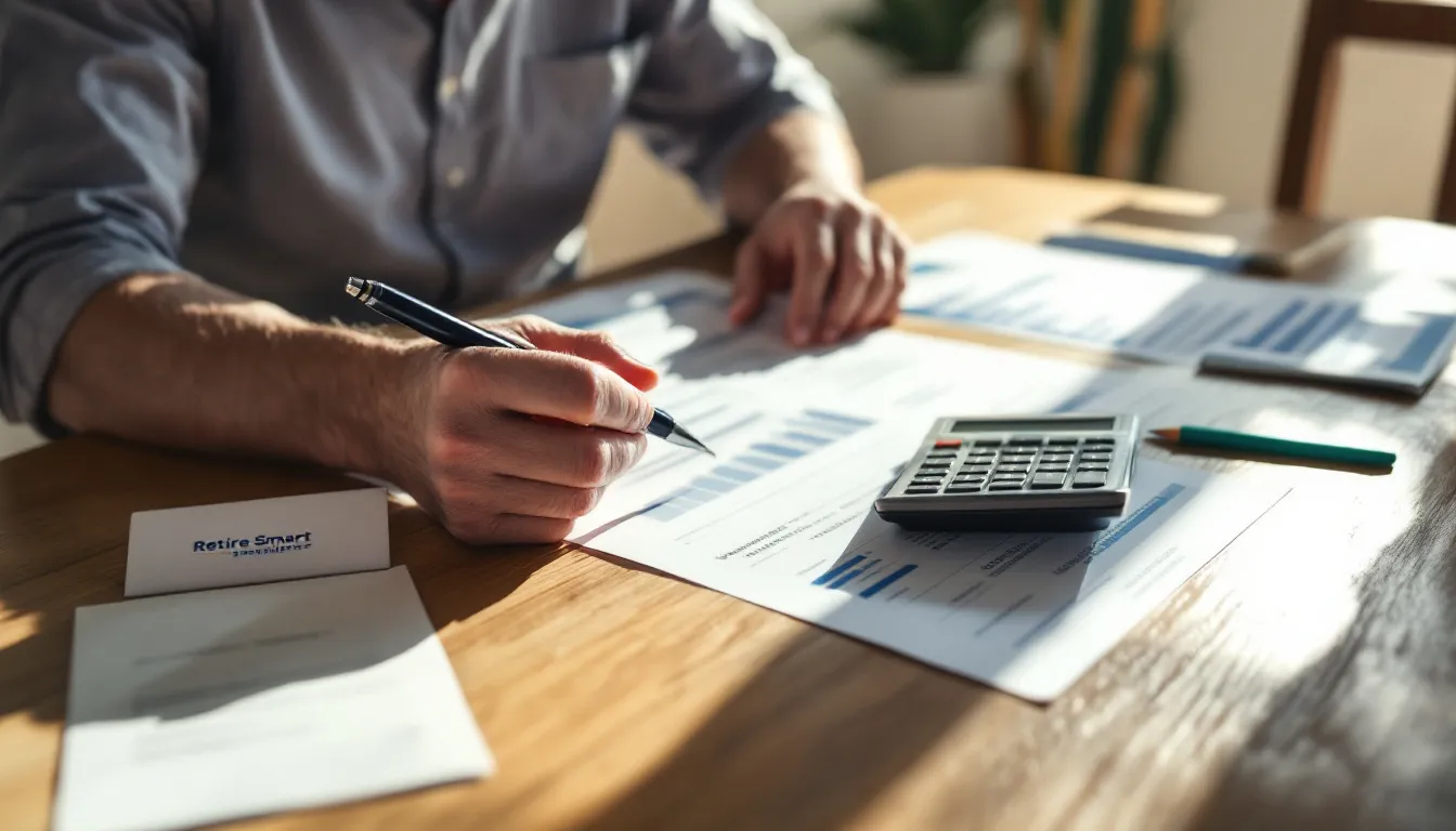A person holding a pen reviewing financial documents with charts and graphs on a desk