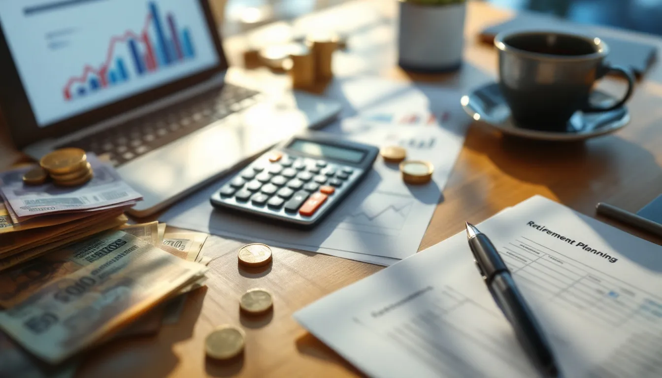 Financial planning workspace with retirement documents and calculator Financial planning documents, calculator, and South African rand currency on a desk representing retirement inputs