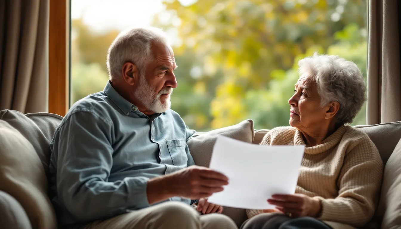 Couple planning for retirement and future life decisions Couple discussing retirement plans while looking out window, representing intangible life factors