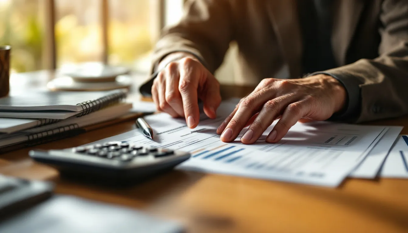 Financial advisor reviewing annuity calculator inputs on printed documents with a physical calculator on desk