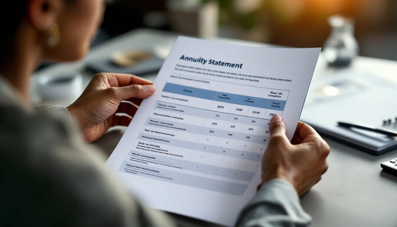 Professional woman reviewing printed annuity options documentation including Shari'ah-compliant investment choices