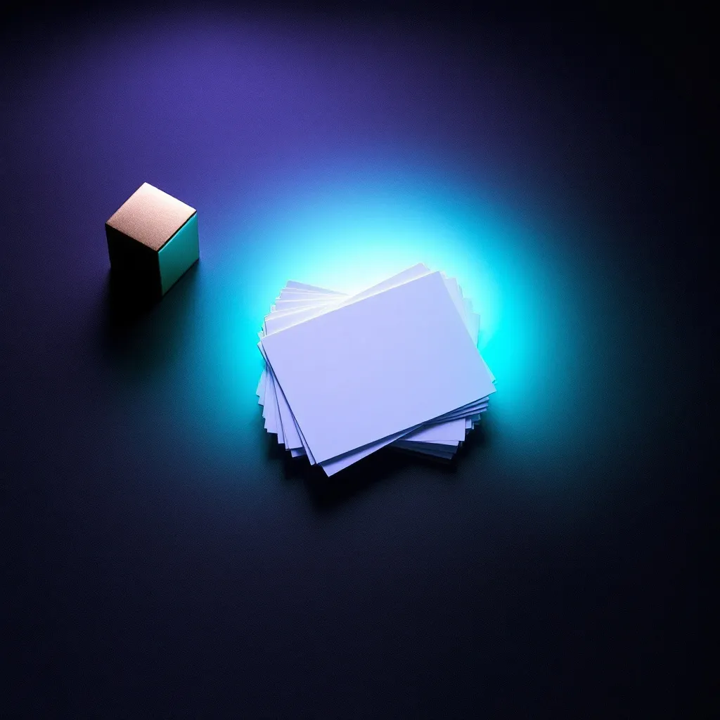 Stack of white cards with bright cyan glow next to small cube on dark background