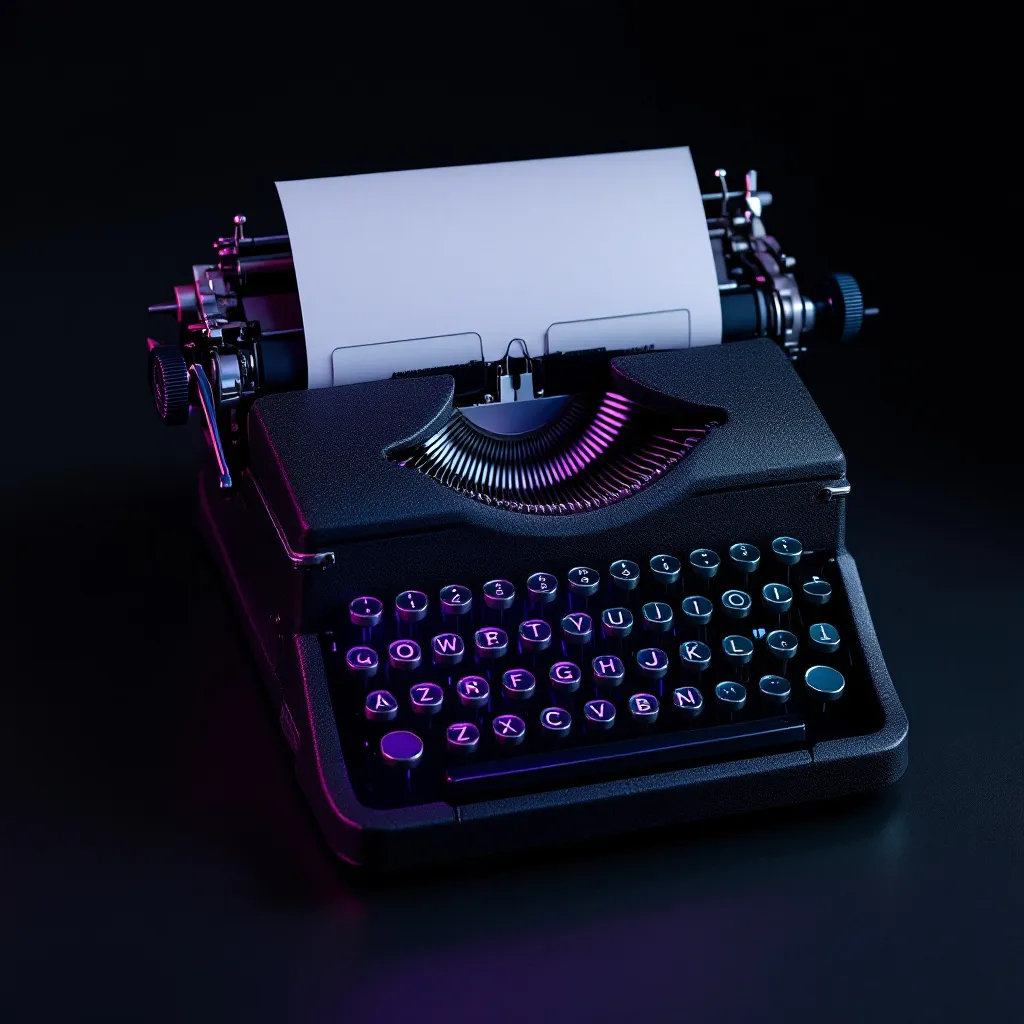 Vintage typewriter with blank sheet of paper loaded in roller, illuminated with purple and blue neon lighting against dark background