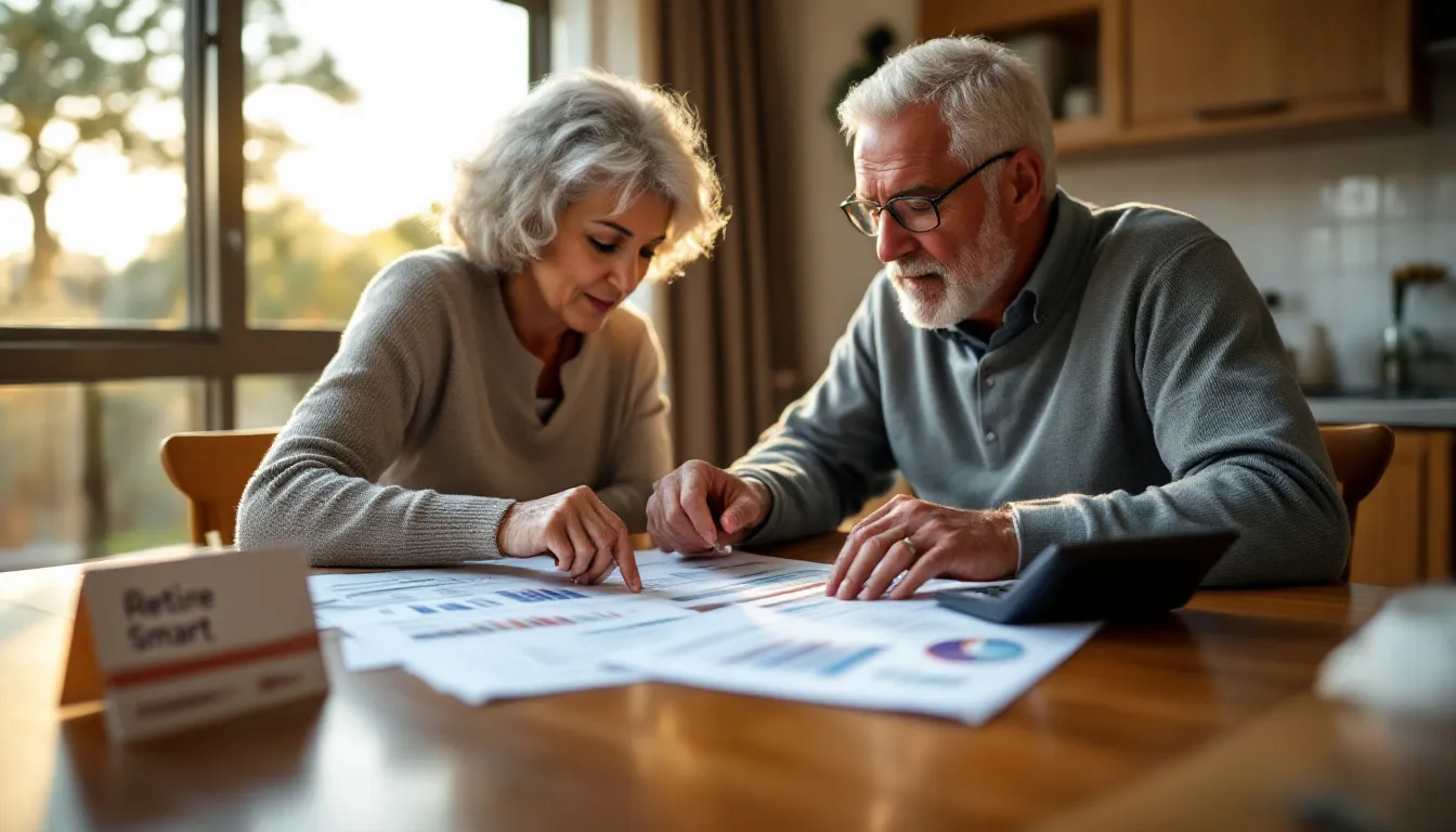Two older adults sit at a wooden table reviewing financial documents and charts together, with a window showing outdoor scenery in the backg