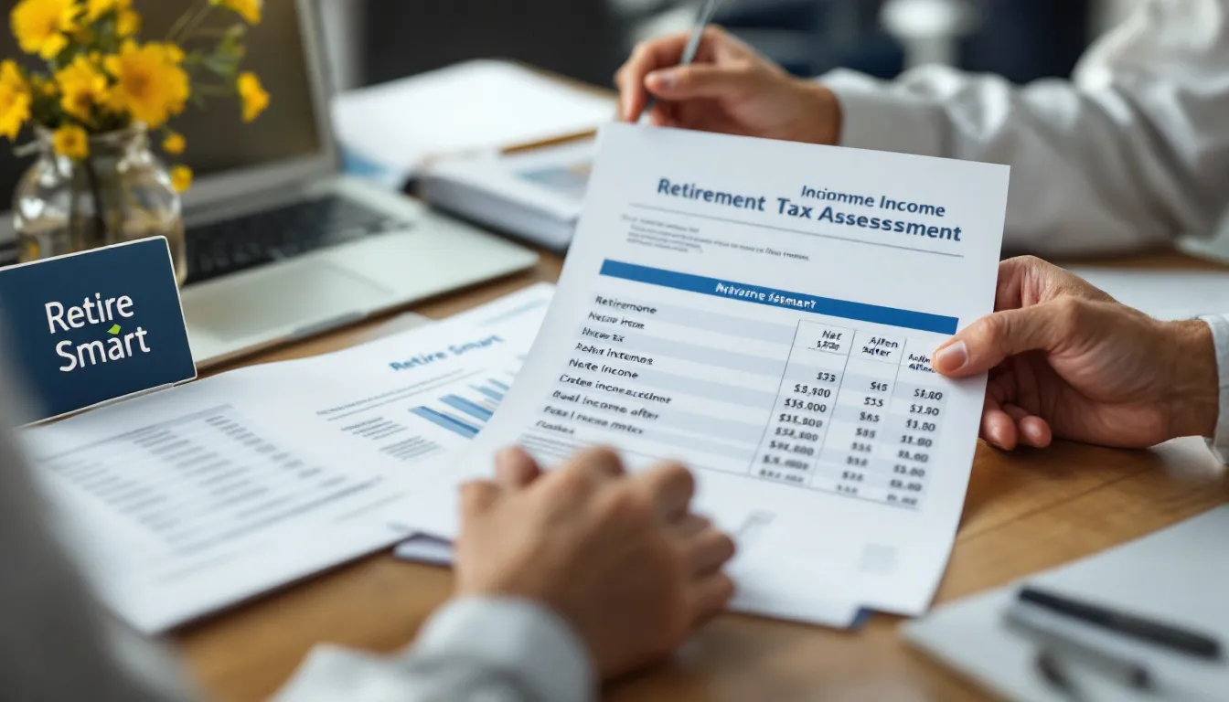 A person holds a Retirement Income Tax Assessment document showing a revenue summary table with financial figures, while seated at a desk wi