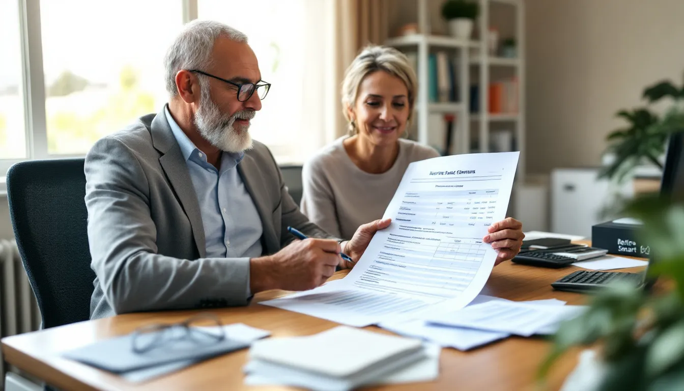 A man and woman sit at a wooden desk reviewing financial documents together, with calculators and papers spread across the surface and books