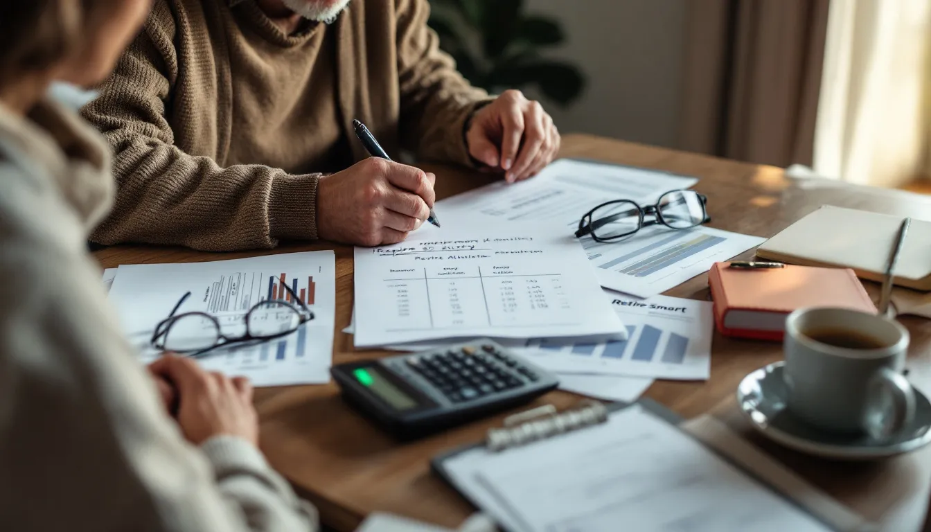 Two people review financial documents and charts at a wooden table with a calculator, glasses, coffee cup, and notebooks