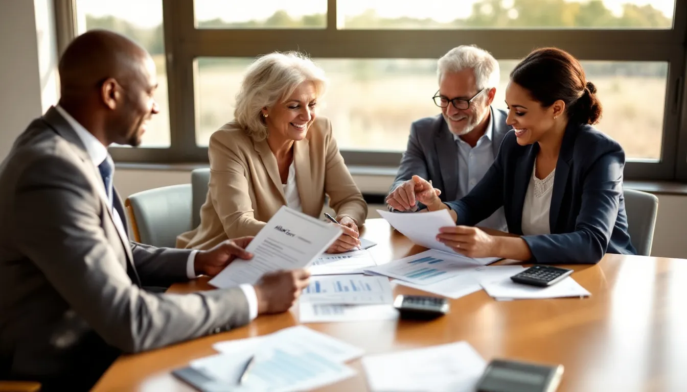 Four business professionals in formal attire review documents together at a wooden table with charts and calculators, seated by large window
