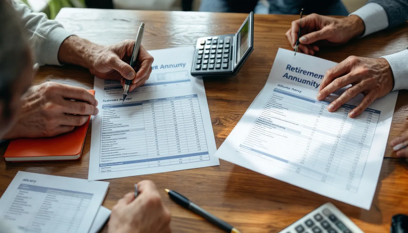Multiple people review retirement annuity documents and financial spreadsheets on a wooden table with calculators and pens