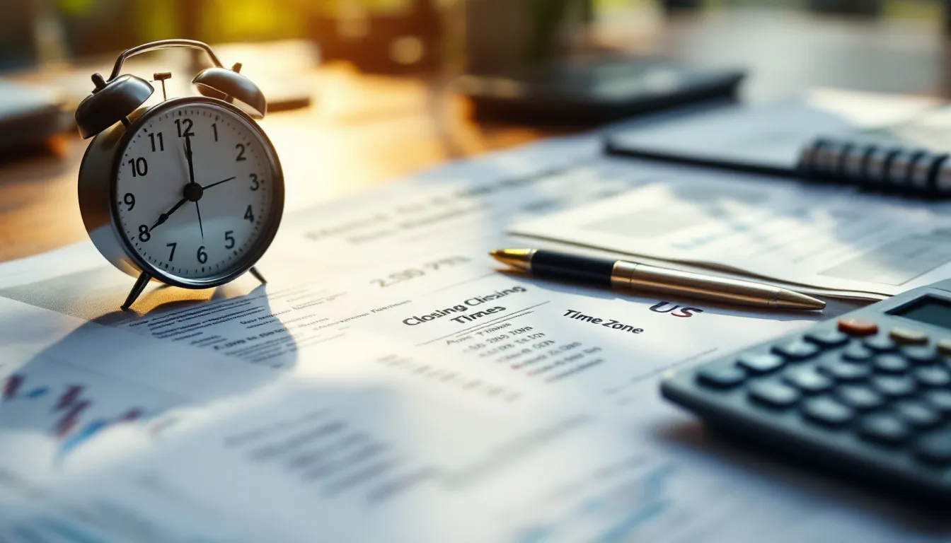 A black alarm clock sits on financial documents next to a pen and calculator on a desk