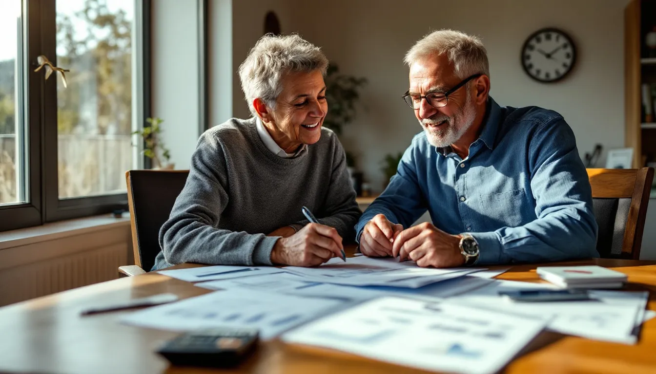 Two older adults sit at a wooden table reviewing documents and blueprints together by a bright window with a wall clock visible in the backg