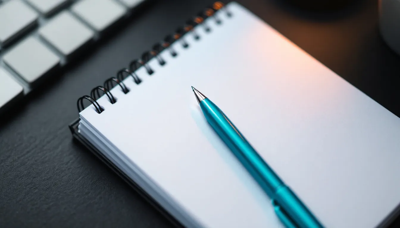 A turquoise pen rests on a blank page of a spiral-bound notebook next to a computer keyboard