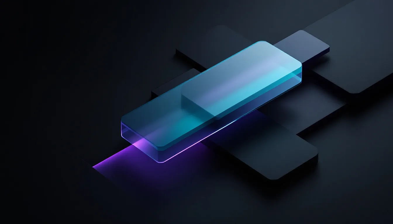 An isometric illustration of a glowing rectangular device with a gradient from purple to cyan, surrounded by dark geometric shapes on a dark