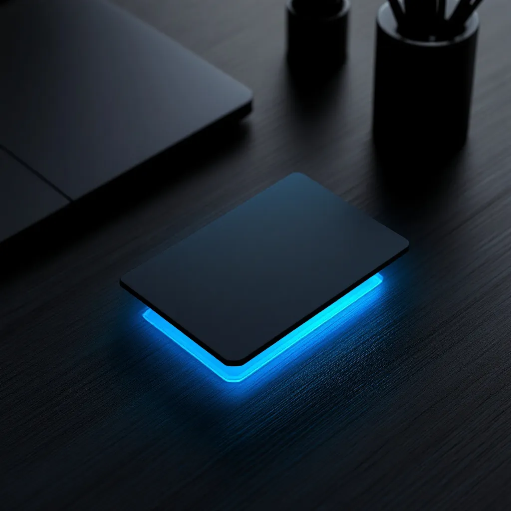 A dark desk surface with a glowing blue-edged tablet in the center, surrounded by a laptop, pen holder, and other office items