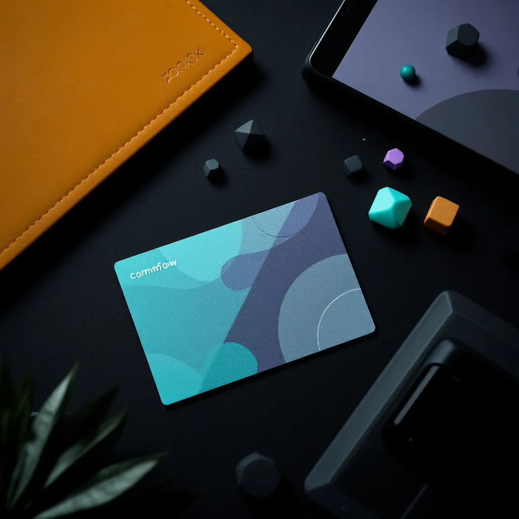 A turquoise Commiflow card lies on a dark surface surrounded by colorful geometric shapes, an orange leather wallet, a smartphone, and a stylus