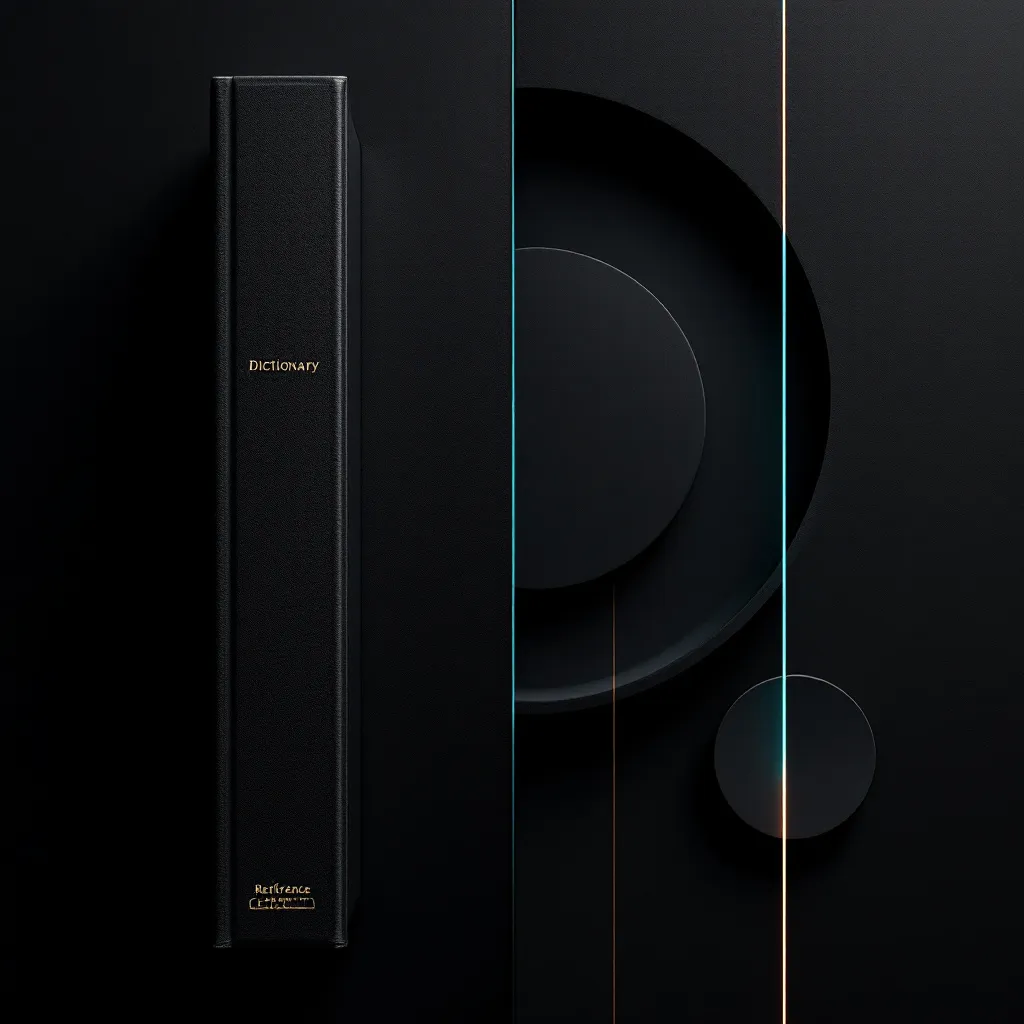 A black hardcover dictionary book stands on the left beside an abstract geometric design featuring overlapping circles and vertical lines on