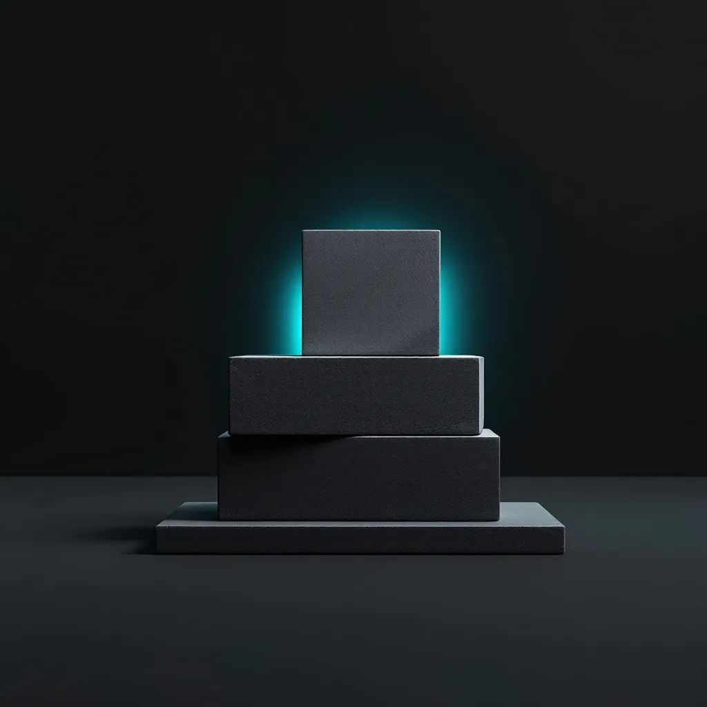 A stack of four dark rectangular blocks arranged like a podium, with turquoise light glowing from behind the top block against a dark backgr