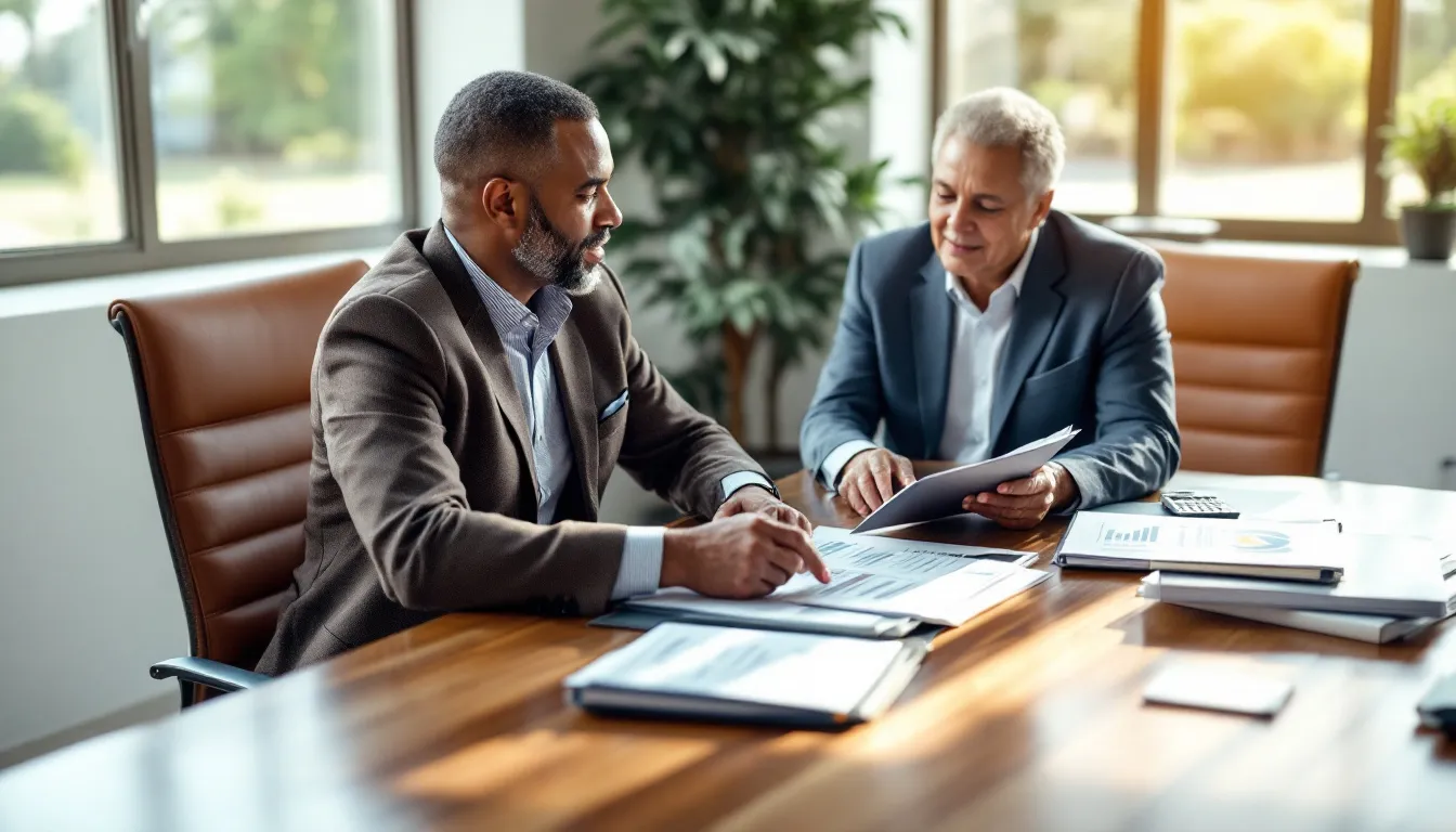Two men in business attire sit at a wooden table reviewing documents and a tablet together in a bright office with large windows and potted