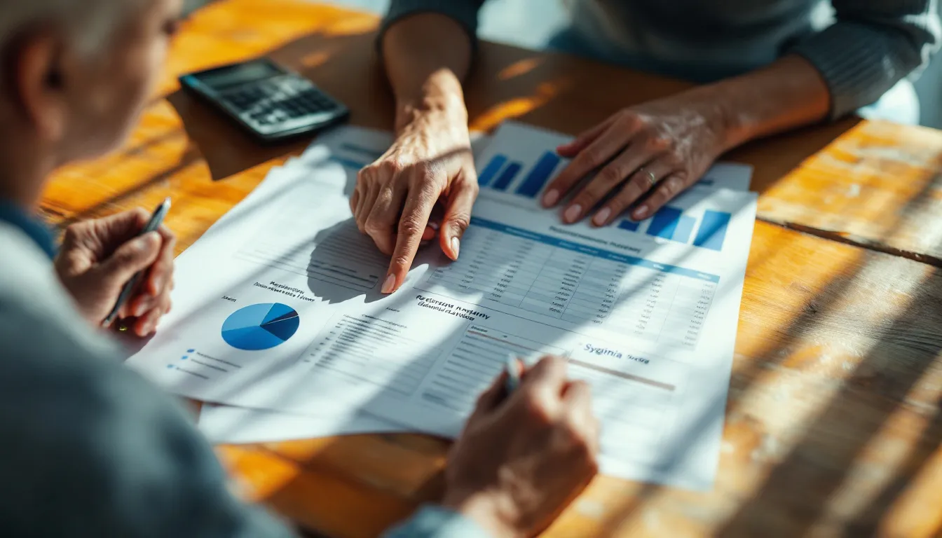 Multiple people review financial documents with blue charts and data tables spread across a wooden table, with a smartphone and pen nearby