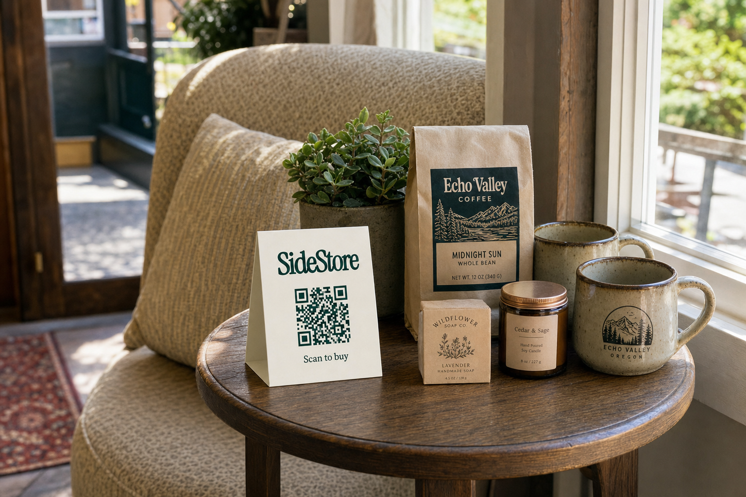 SideStore tent card on a wooden entryway table surrounded by local artisan products and a reading chair