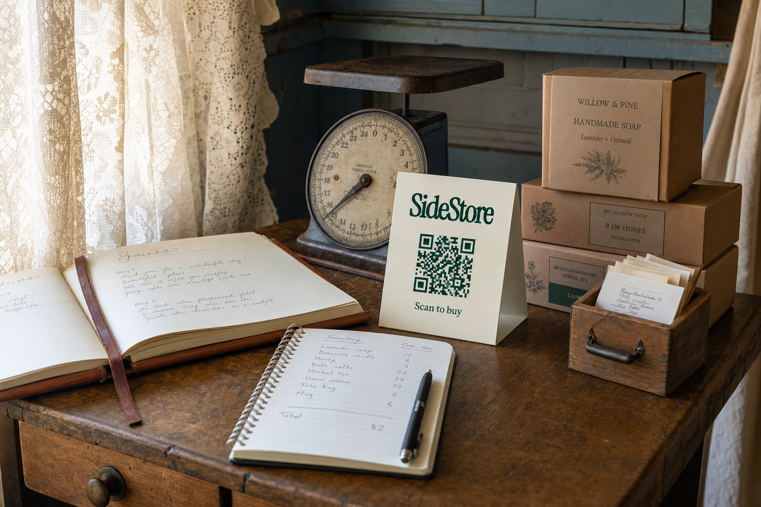 SideStore tent card on a B&B owner's desk surrounded by guest book, inventory notes, and product boxes