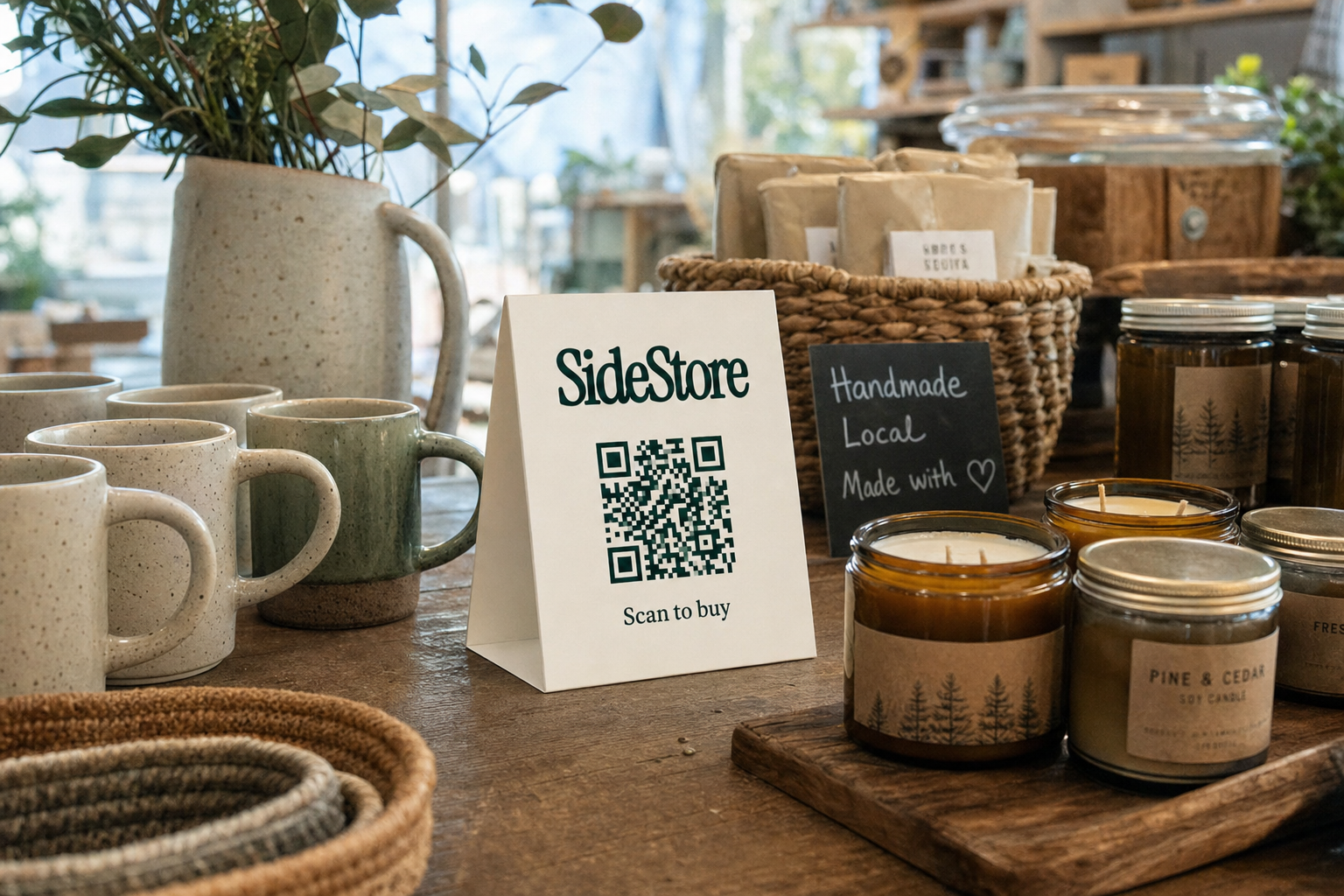 A retail display featuring ceramic mugs, handmade candles in glass jars, woven baskets, and a potted plant, with a SideStore promotional card